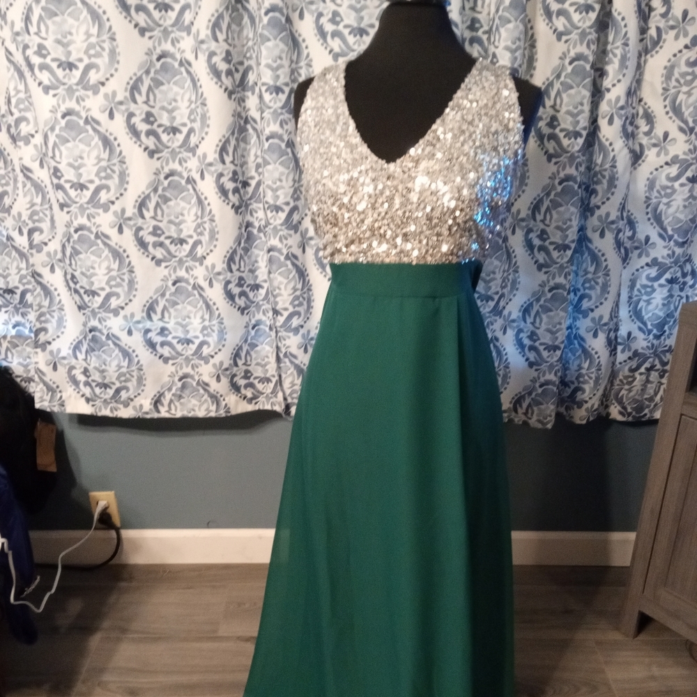 Silver sequin and green formal